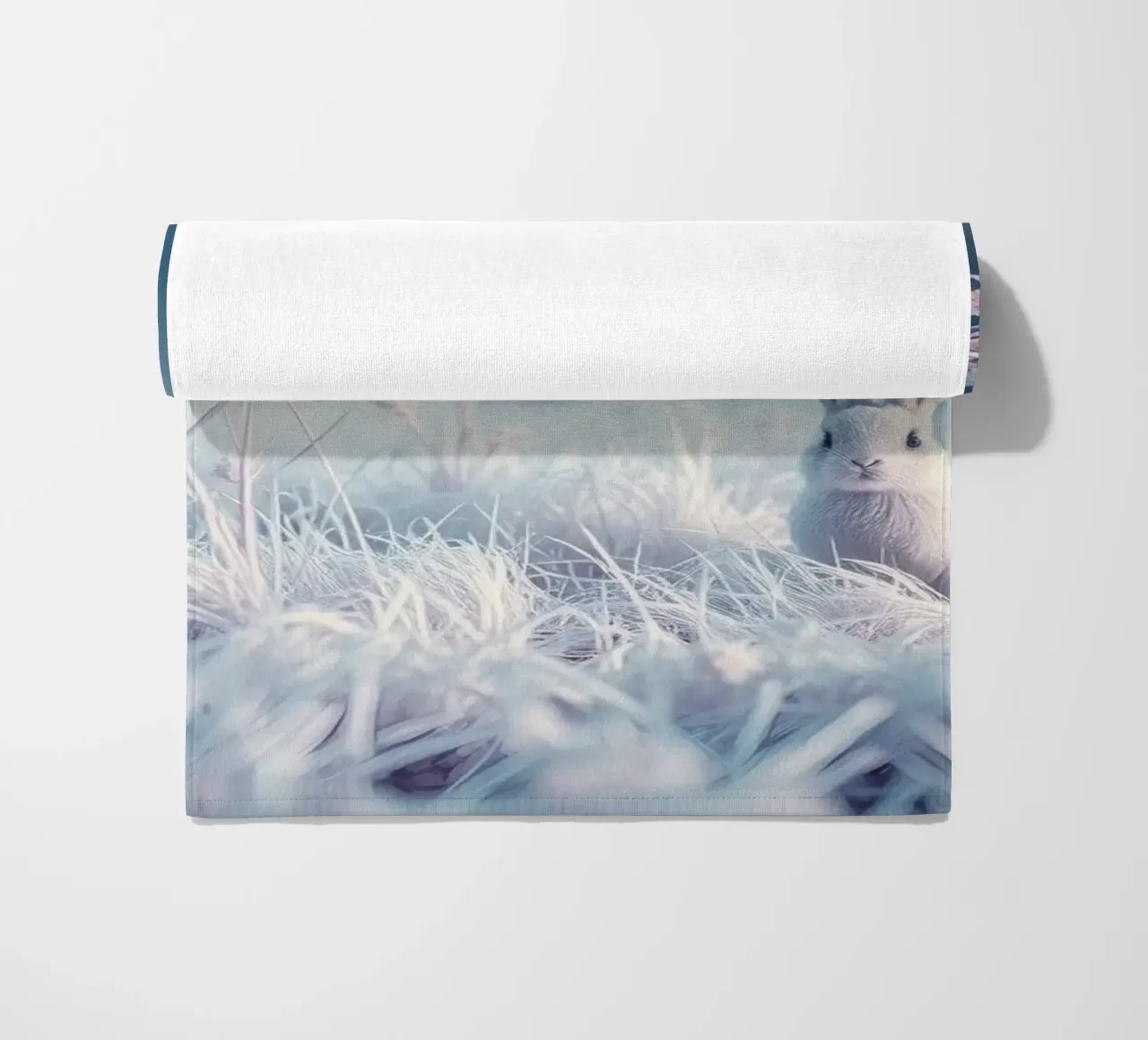 Snowy landscape with a rabbit in a mystical forest beach towel by DesignDoodle