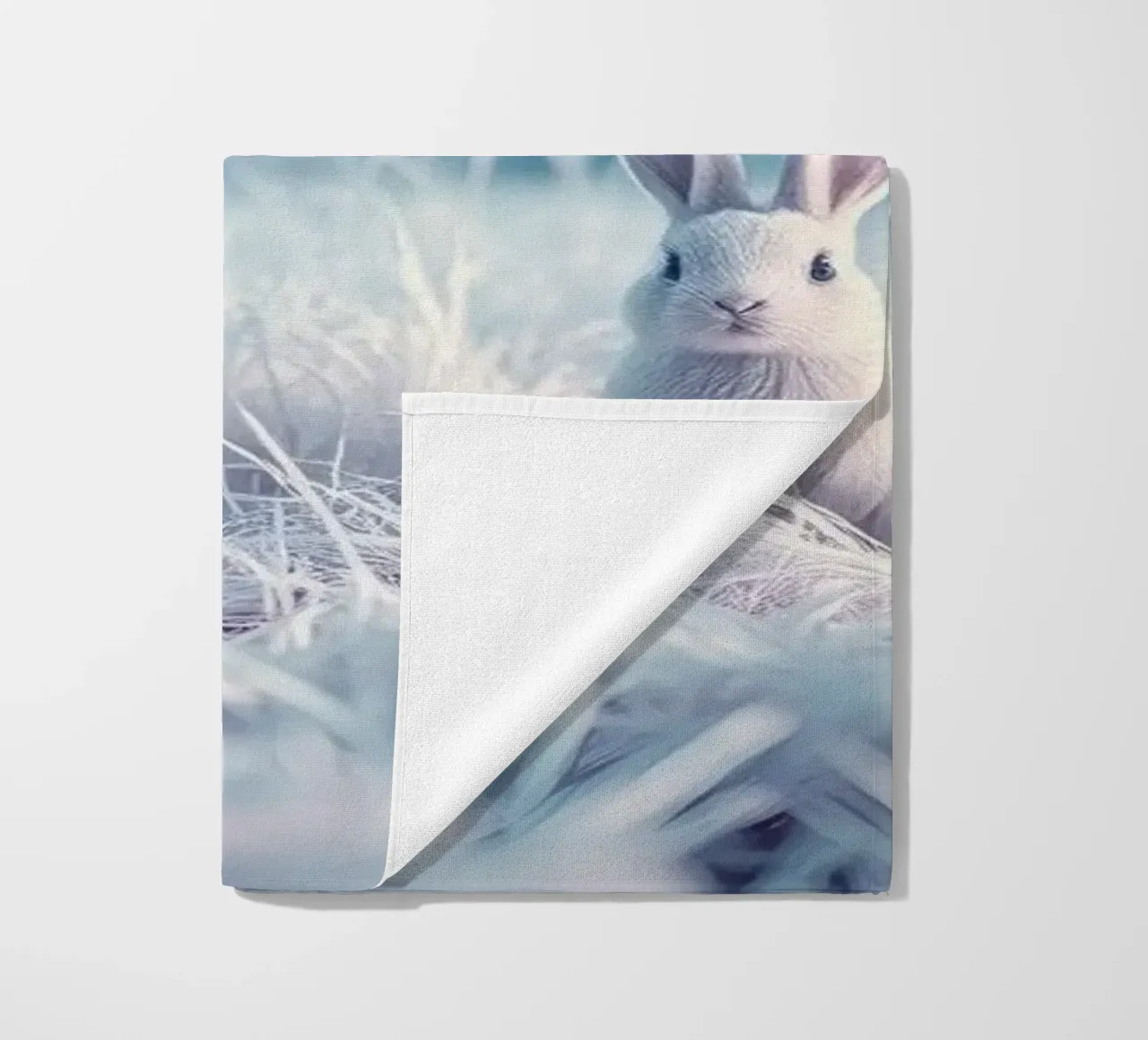Snowy landscape with a rabbit in a mystical forest beach towel by DesignDoodle