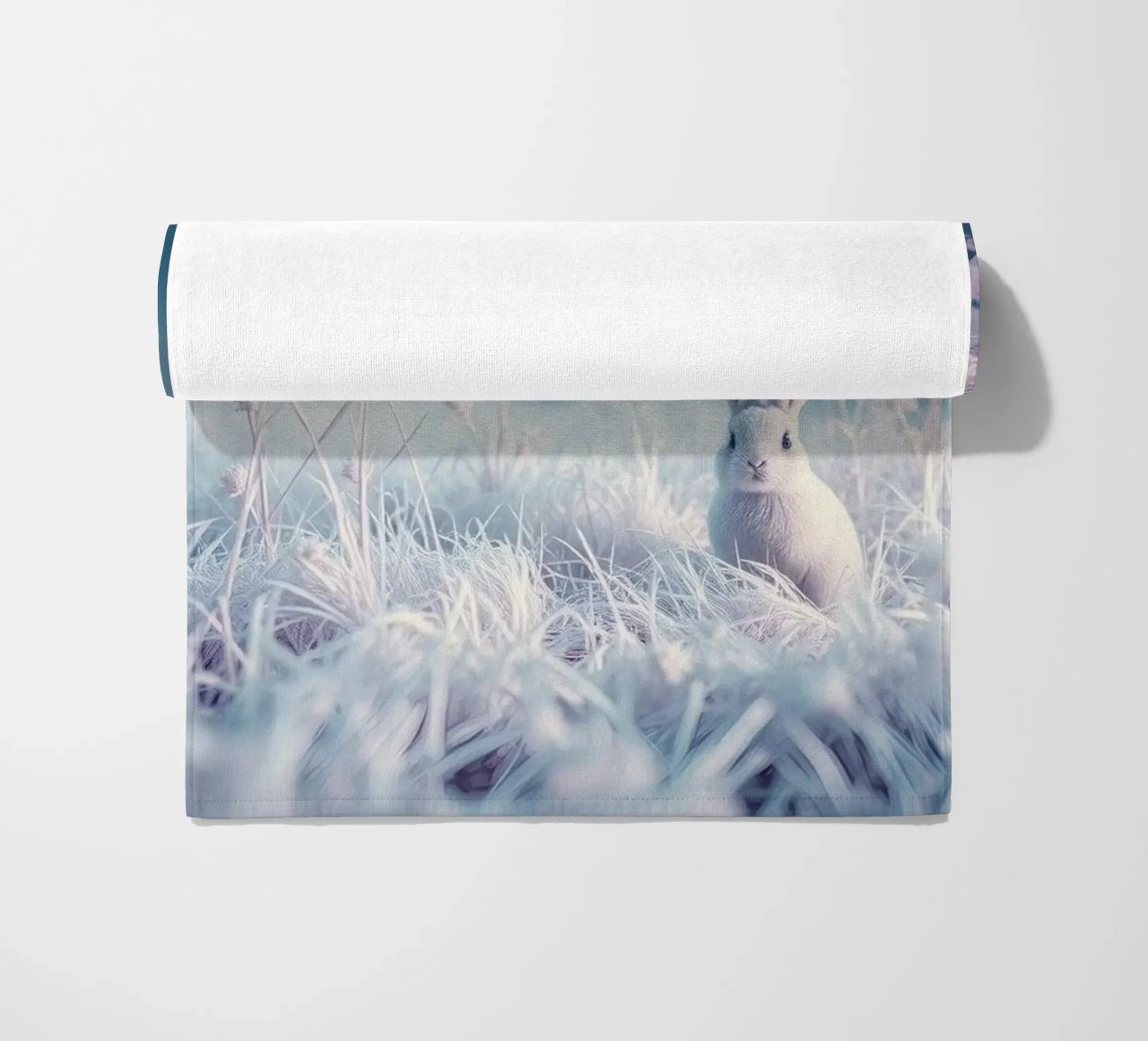 Paesaggio innevato con un coniglio in una foresta mistica telo mare da DesignDoodle