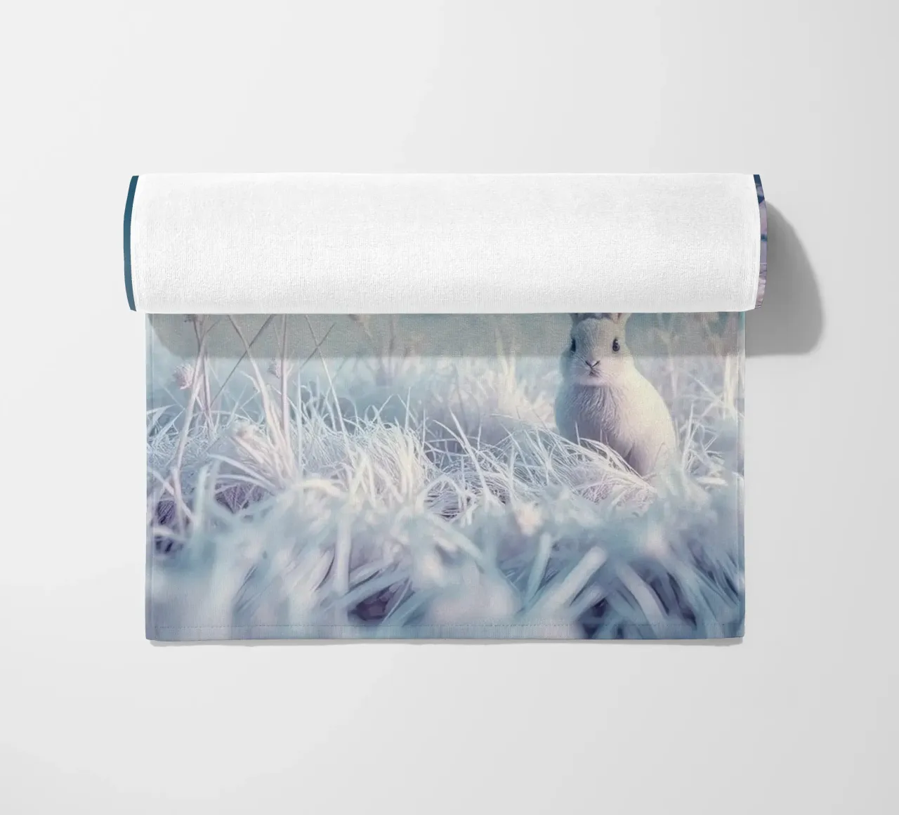 Snowy landscape with a rabbit in a mystical forest beach towel by DesignDoodle