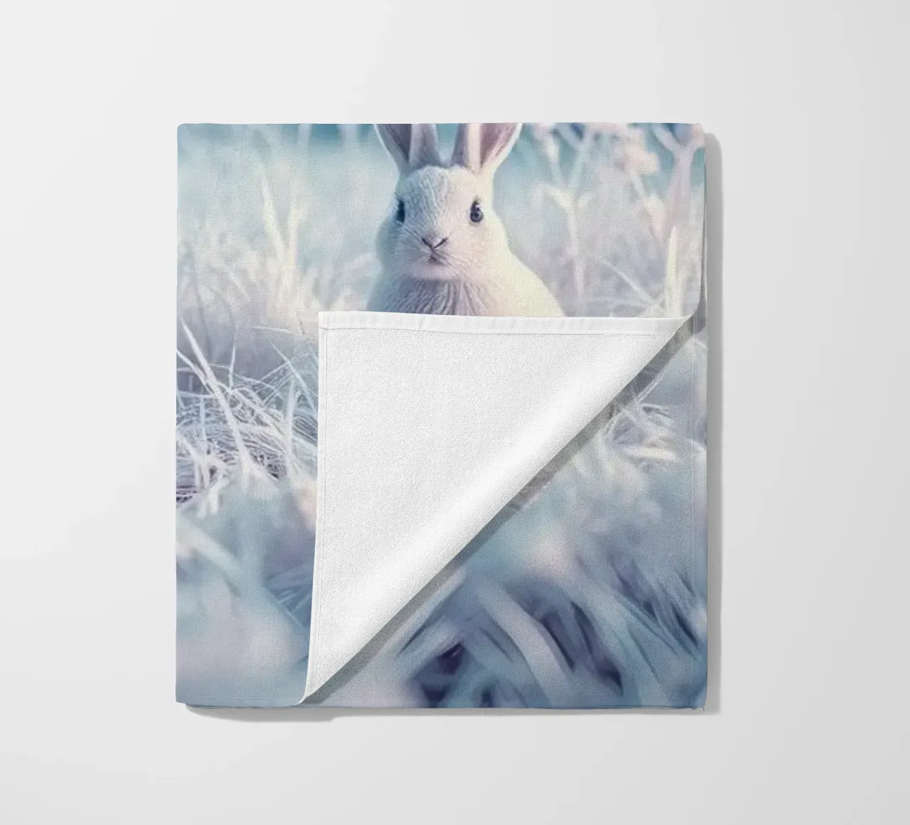 Snowy landscape with a rabbit in a mystical forest beach towel by DesignDoodle