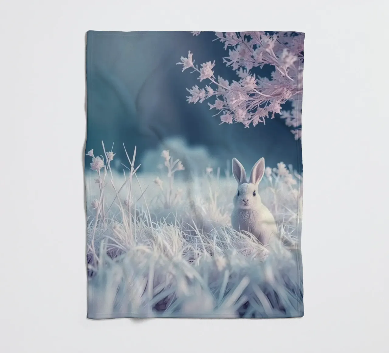 Paisaje nevado con un conejo en un bosque místico manta de franela de DesignDoodle