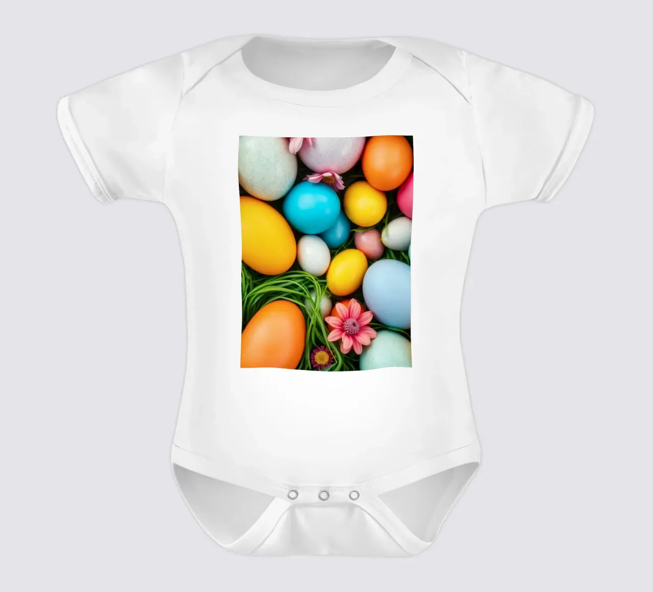 Uova di Pasqua colorate e fiori disposti in una vivace atmosfera primaverile body neonato maniche corte da DesignDoodle