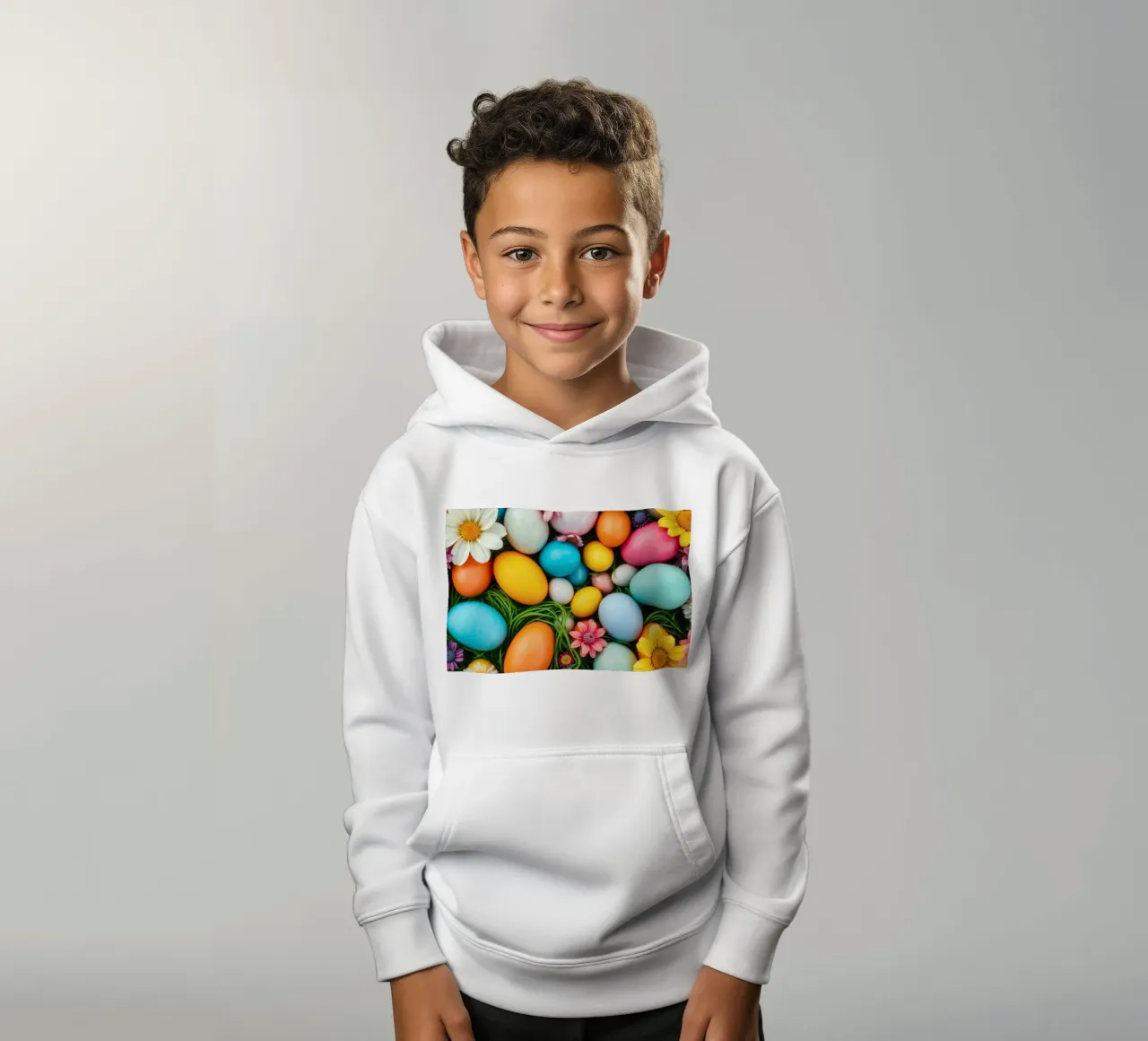 Uova di Pasqua colorate e fiori disposti in una vivace atmosfera primaverile felpa bambino con cappuccio da DesignDoodle