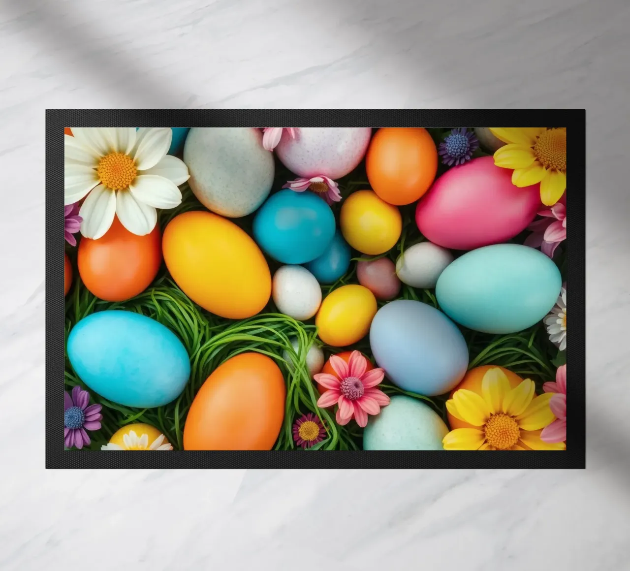 Uova di Pasqua colorate e fiori disposti in una vivace atmosfera primaverile zerbino da DesignDoodle