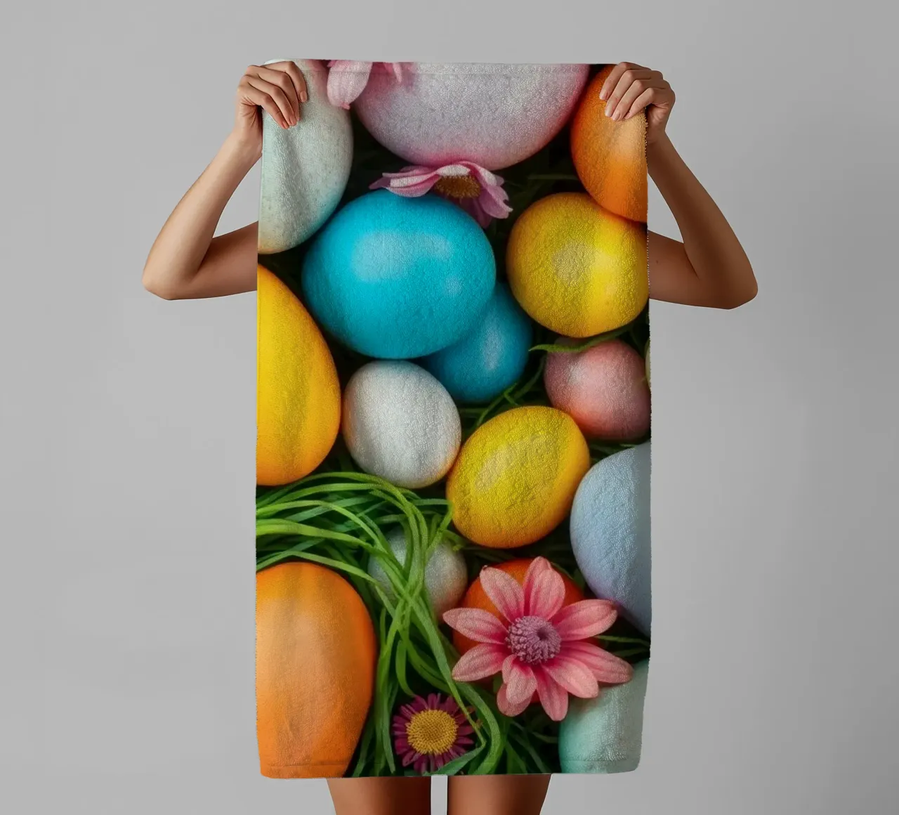 Uova di Pasqua colorate e fiori disposti in una vivace atmosfera primaverile asciugamano da bagno da DesignDoodle