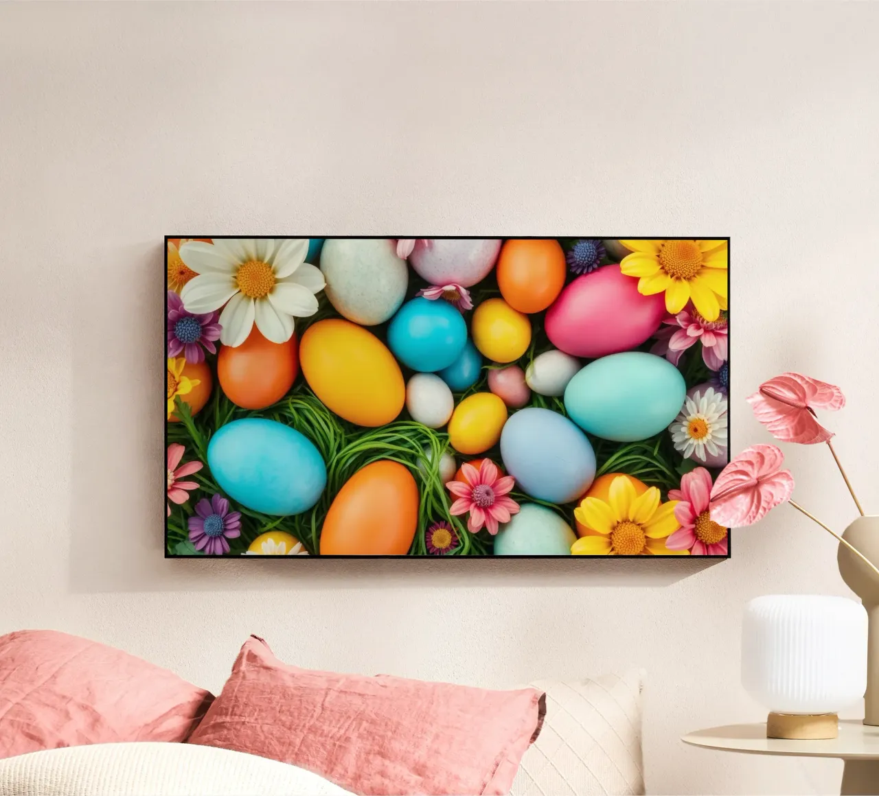 Uova di Pasqua colorate e fiori disposti in una vivace atmosfera primaverile plexiglass da DesignDoodle
