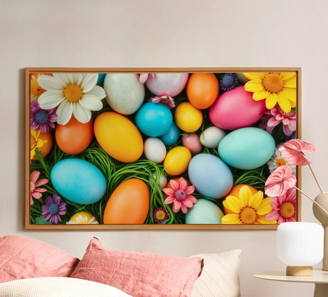 Uova di Pasqua colorate e fiori disposti in una vivace atmosfera primaverile alluminio dibond da DesignDoodle