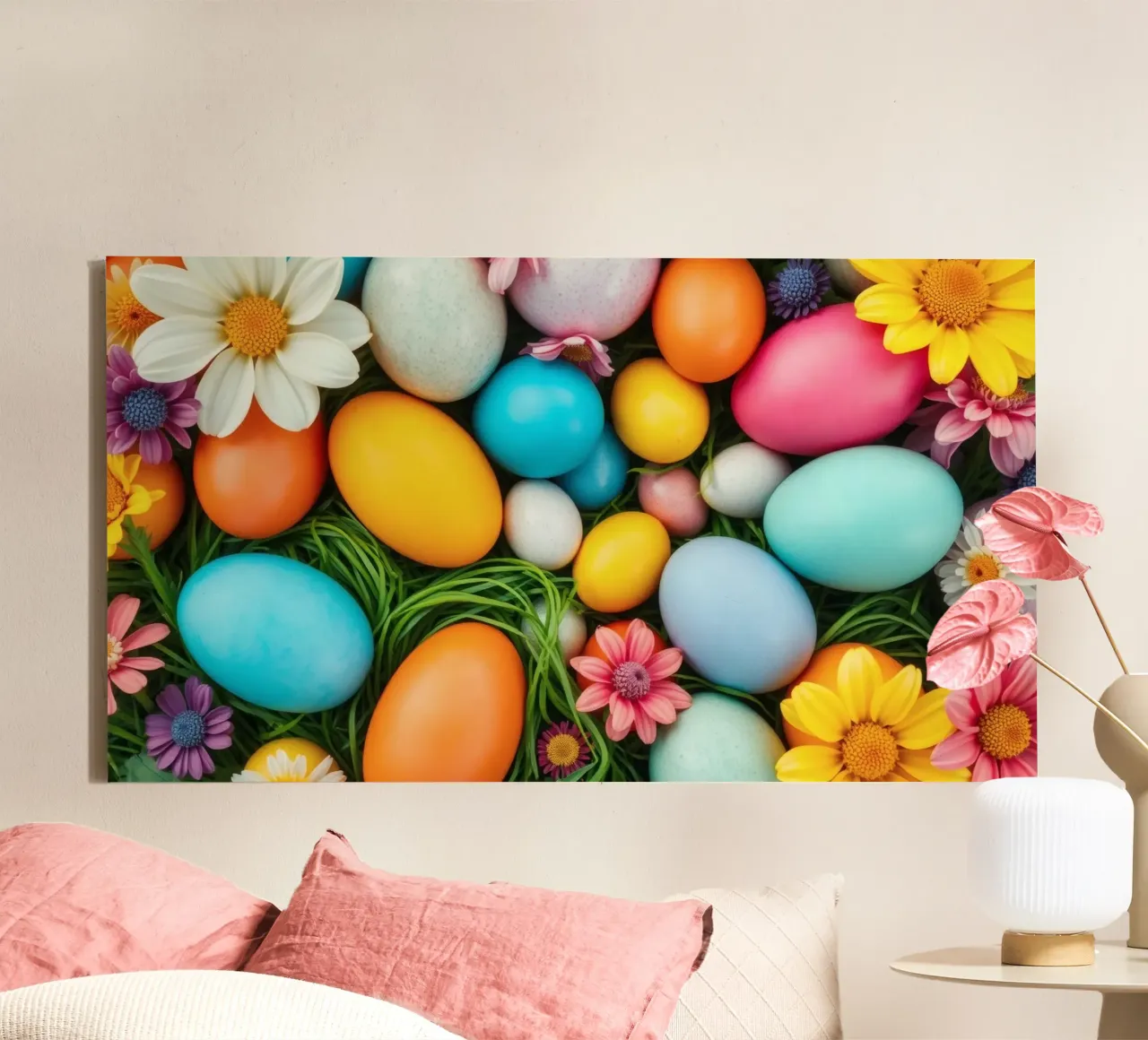 Uova di Pasqua colorate e fiori disposti in una vivace atmosfera primaverile tela da DesignDoodle