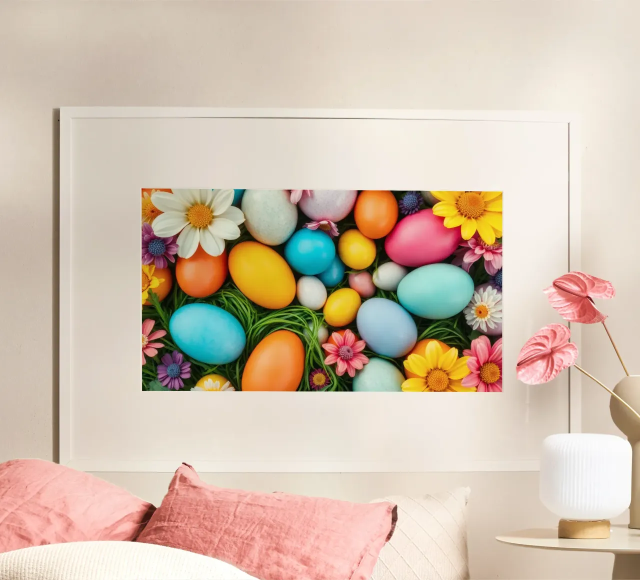 Uova di Pasqua colorate e fiori disposti in una vivace atmosfera primaverile carta hahnemühle da DesignDoodle