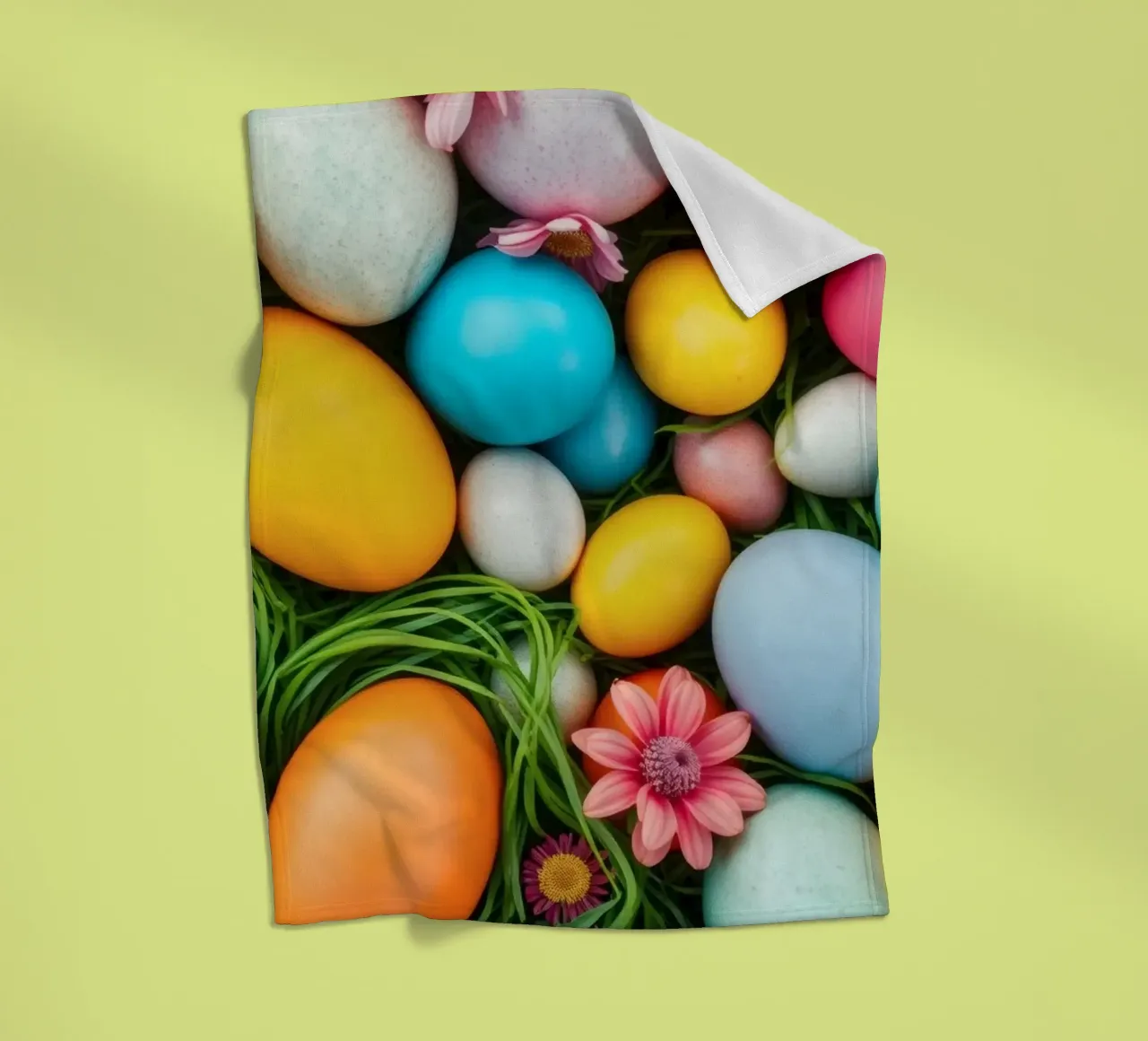 Uova di Pasqua colorate e fiori disposti in una vivace atmosfera primaverile coperta in pile da DesignDoodle
