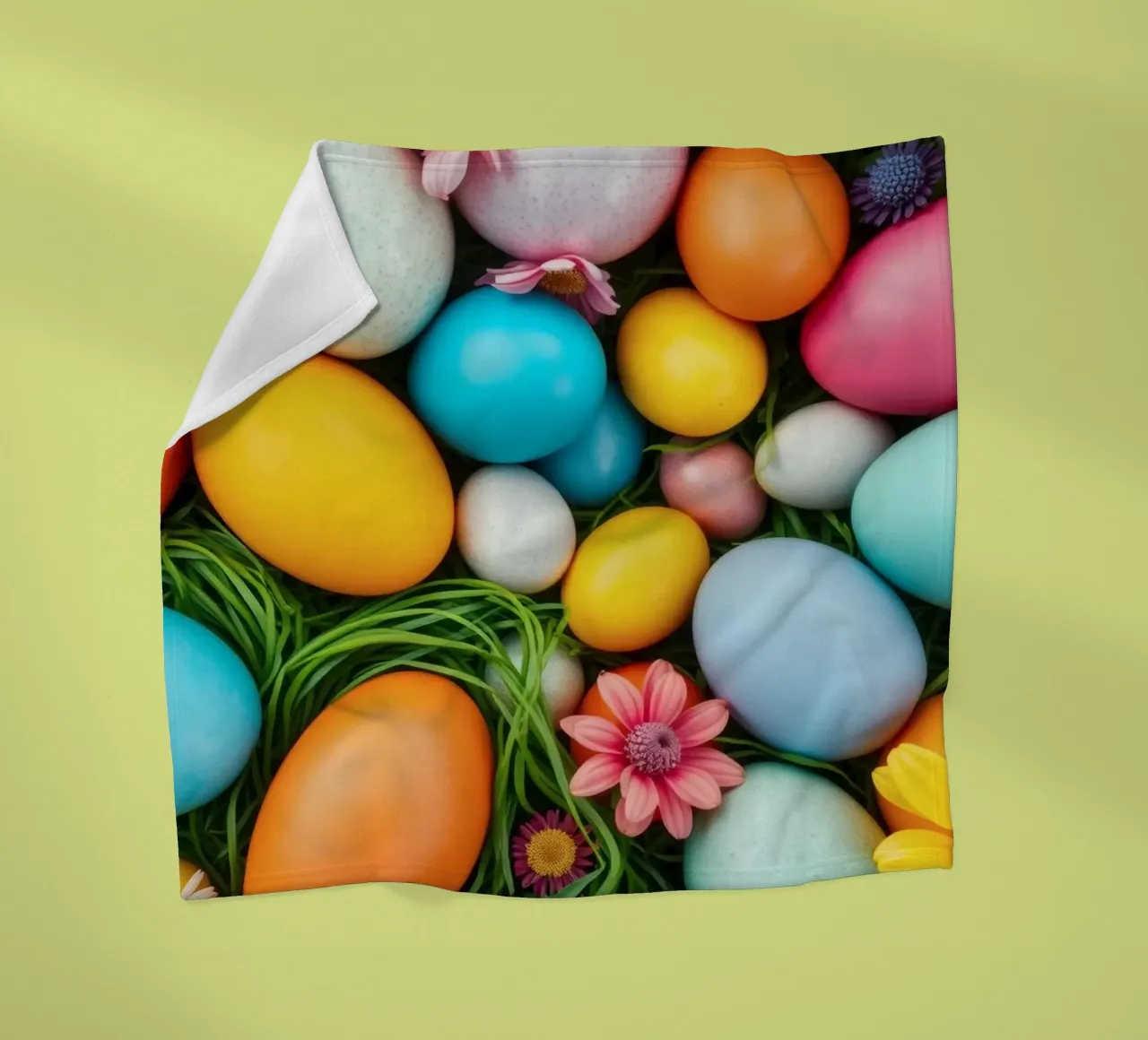 Uova di Pasqua colorate e fiori disposti in una vivace atmosfera primaverile coperta in pile da DesignDoodle