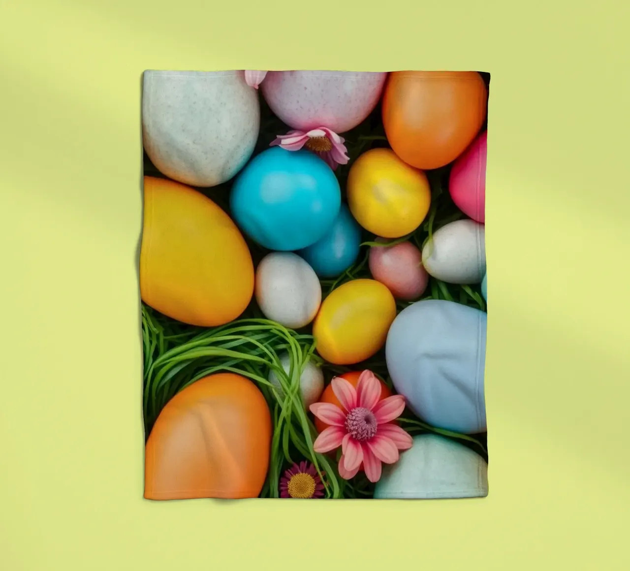 Uova di Pasqua colorate e fiori disposti in una vivace atmosfera primaverile coperta in pile da DesignDoodle