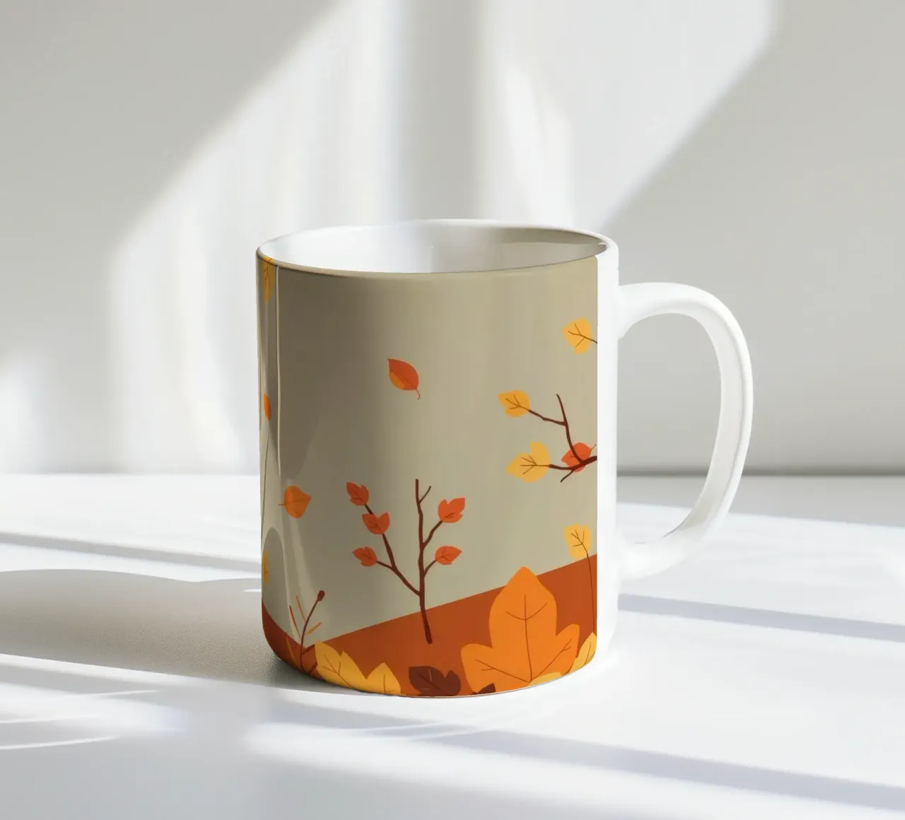 Colorful autumn landscape with falling leaves and bare trees ceramic mug by DesignDoodle