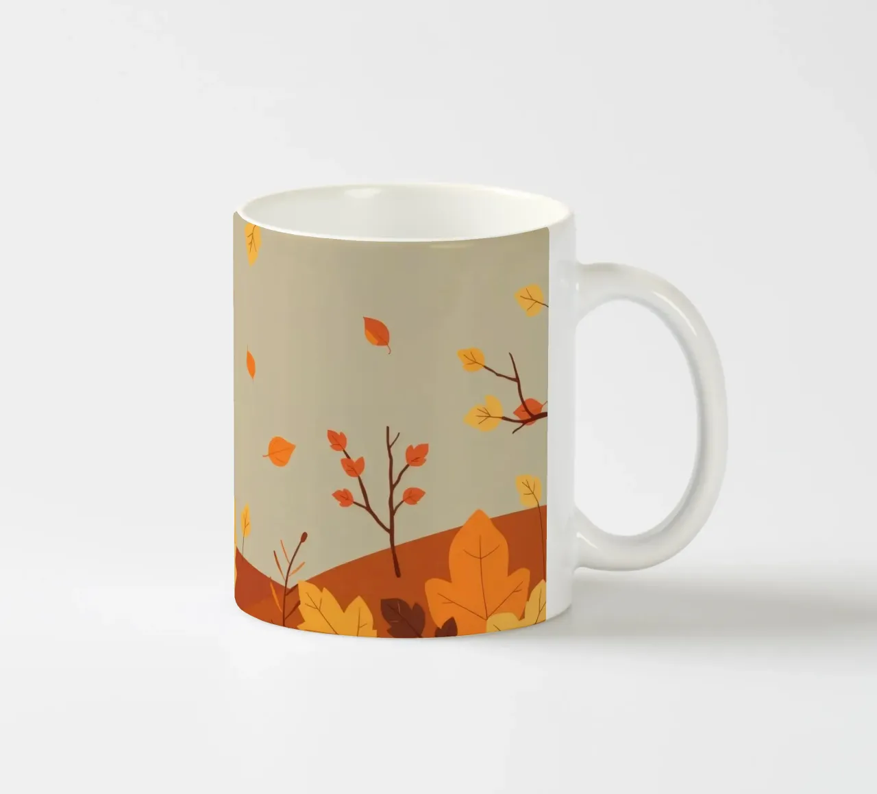 Colorful autumn landscape with falling leaves and bare trees ceramic mug by DesignDoodle