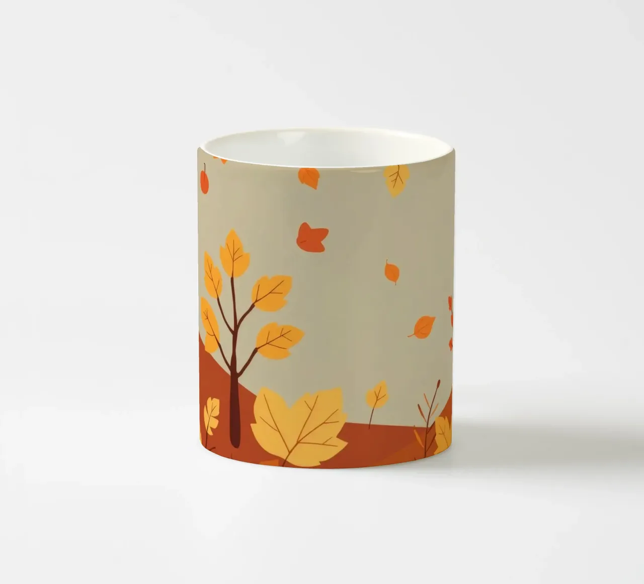 Colorful autumn landscape with falling leaves and bare trees ceramic mug by DesignDoodle