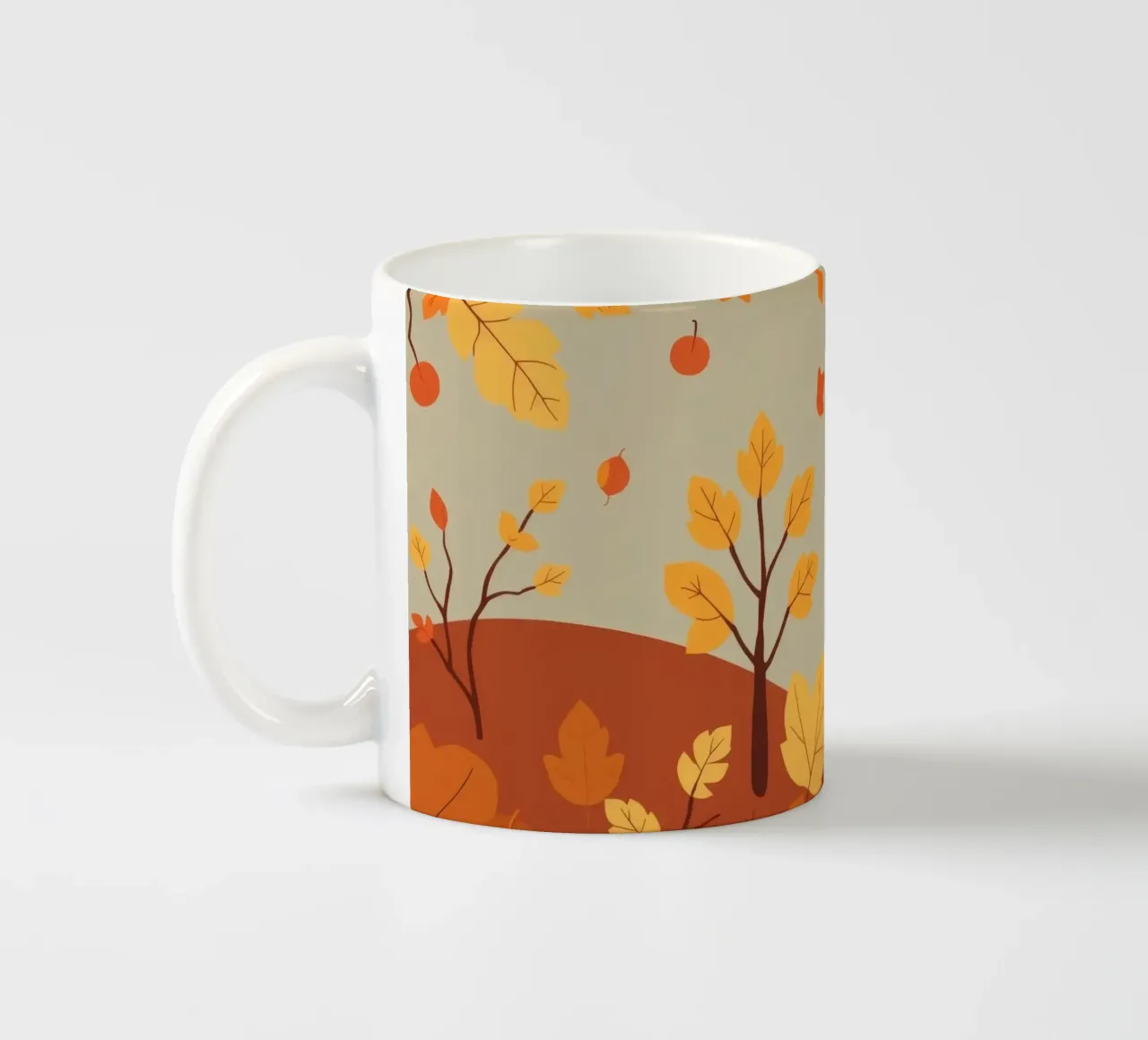 Colorful autumn landscape with falling leaves and bare trees ceramic mug by DesignDoodle