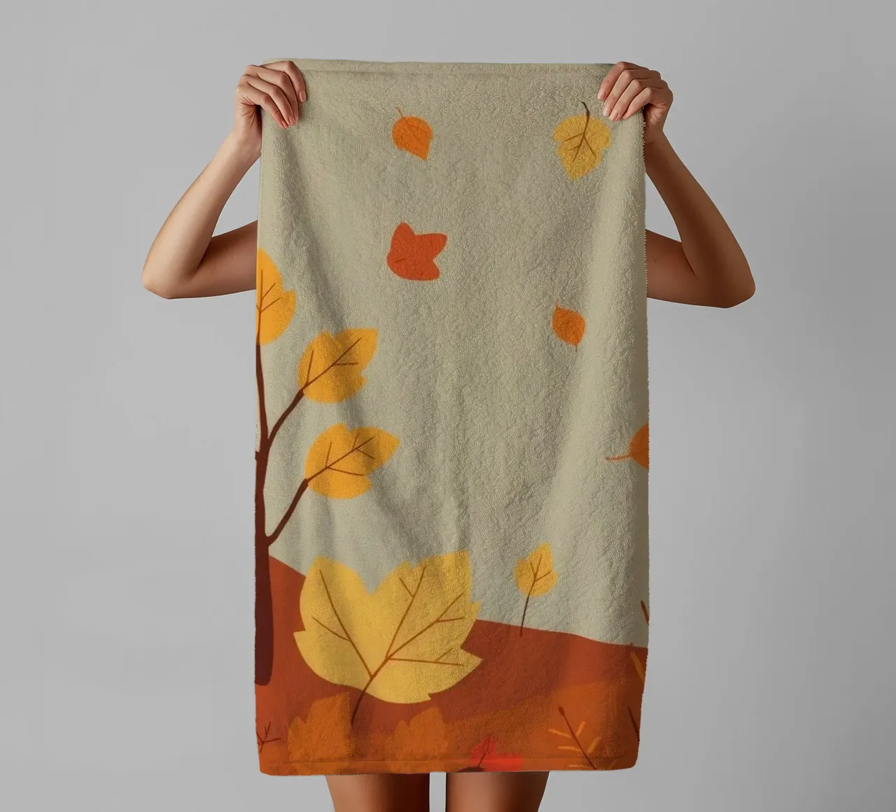 Colorful autumn landscape with falling leaves and bare trees towel by DesignDoodle