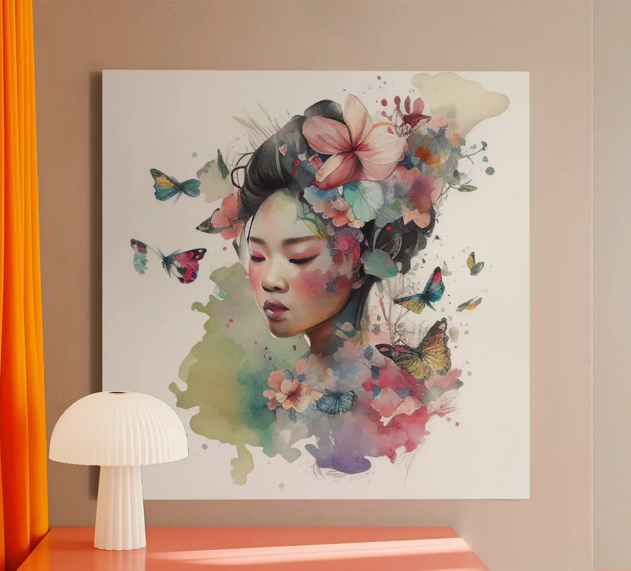 Acquerello floreale Donna asiatica tela con Cornice a cassetta da Chromatic Fusion Studio