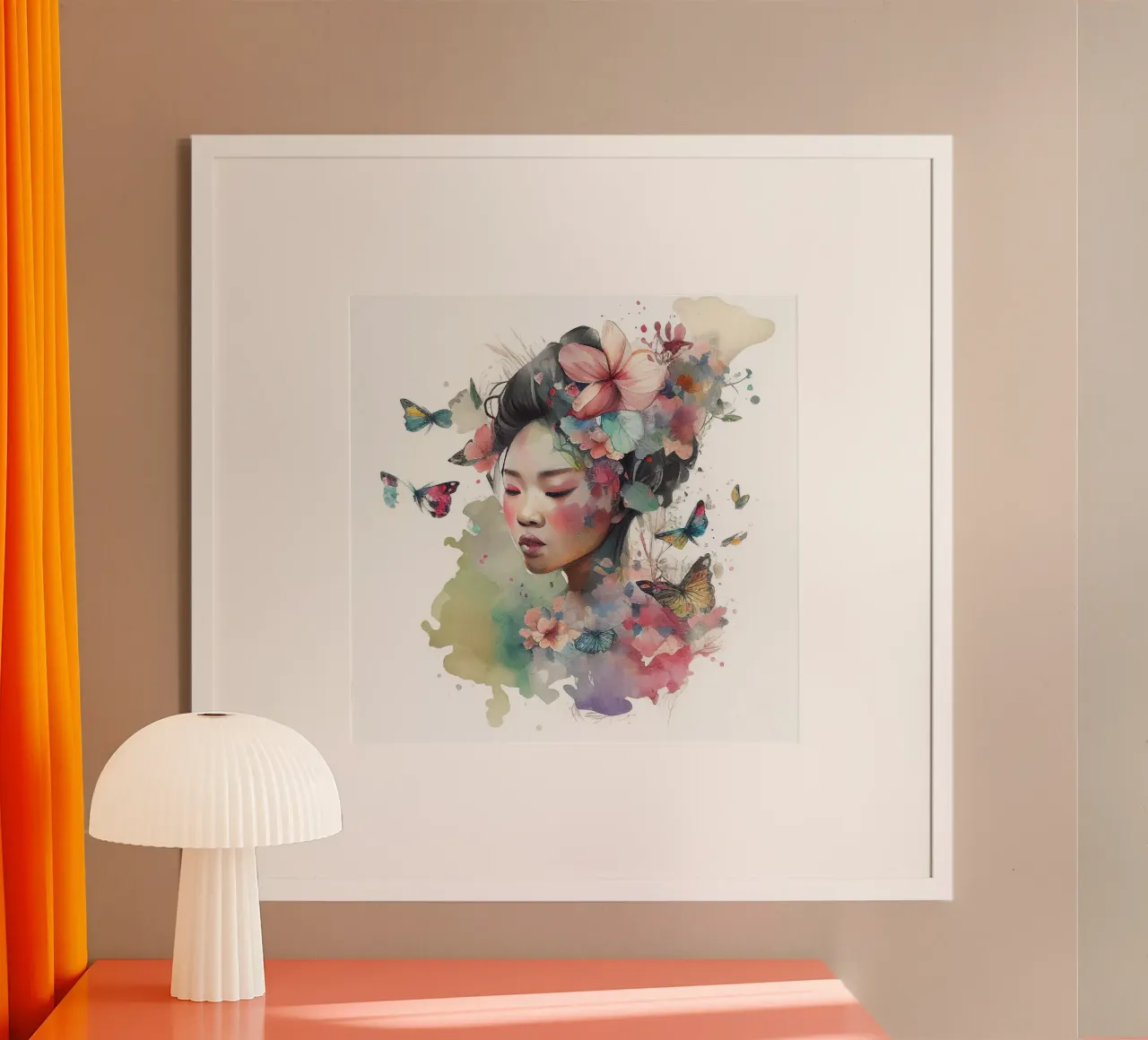 Acquerello floreale Donna asiatica poster con telaio in legno da Chromatic Fusion Studio