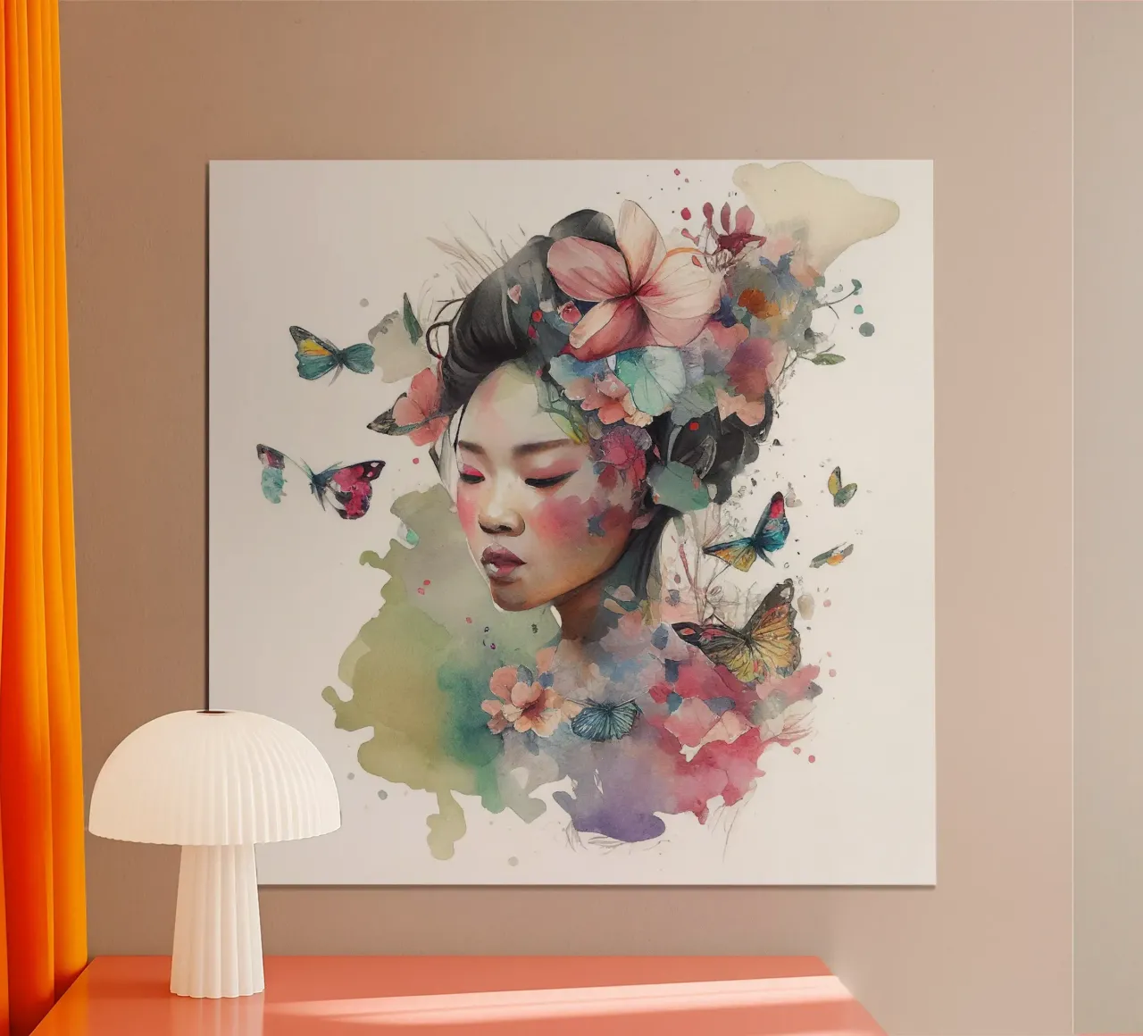 Acquerello floreale Donna asiatica poster con telaio in legno da Chromatic Fusion Studio