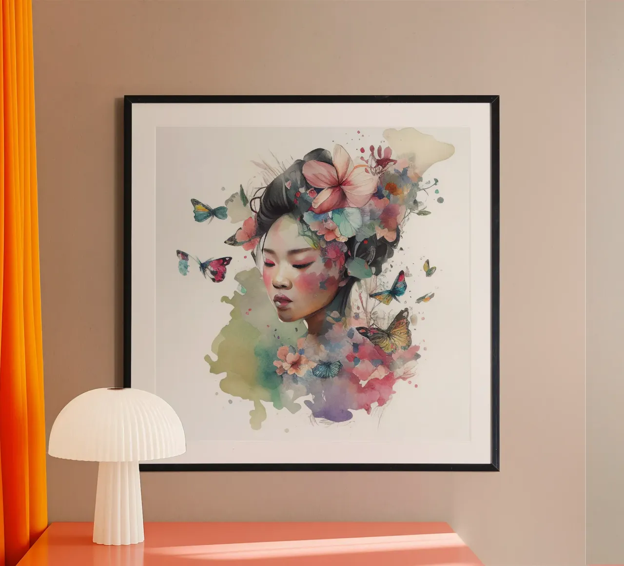 Acquerello floreale Donna asiatica poster con telaio in legno da Chromatic Fusion Studio