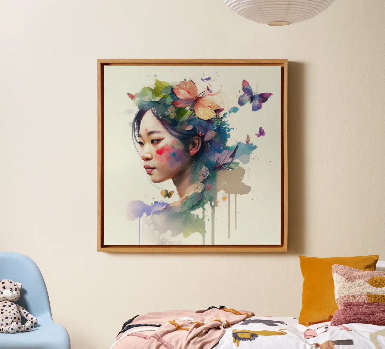 Acquerello floreale Donna asiatica tela con Cornice a cassetta da Chromatic Fusion Studio