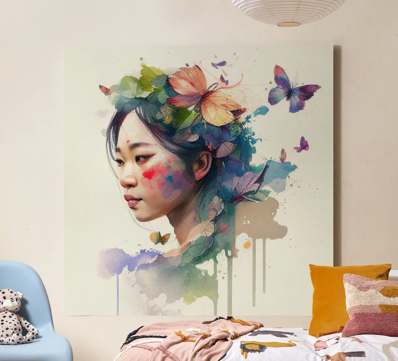 Acquerello floreale Donna asiatica tela con Cornice a cassetta da Chromatic Fusion Studio