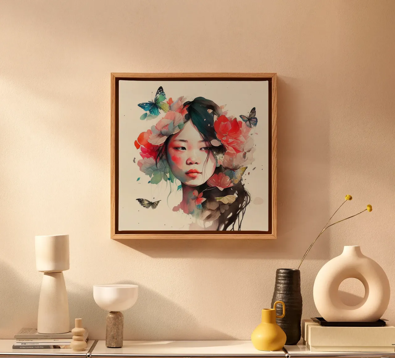 Acquerello floreale Donna asiatica tela con Cornice a cassetta da Chromatic Fusion Studio