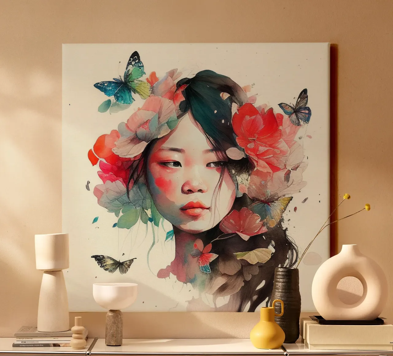 Acquerello floreale Donna asiatica tela con Cornice a cassetta da Chromatic Fusion Studio