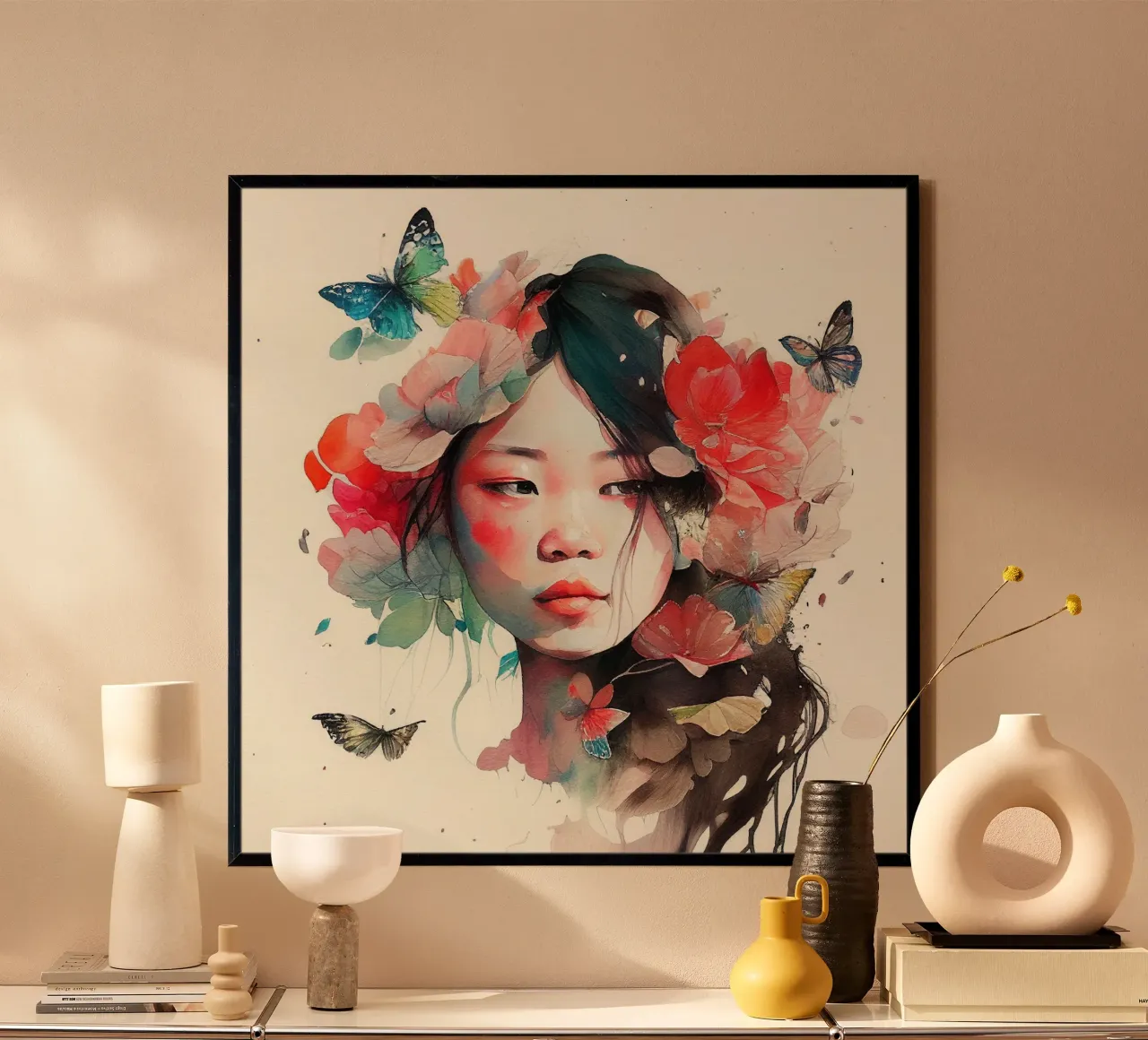 Acquerello floreale Donna asiatica poster con telaio in legno da Chromatic Fusion Studio