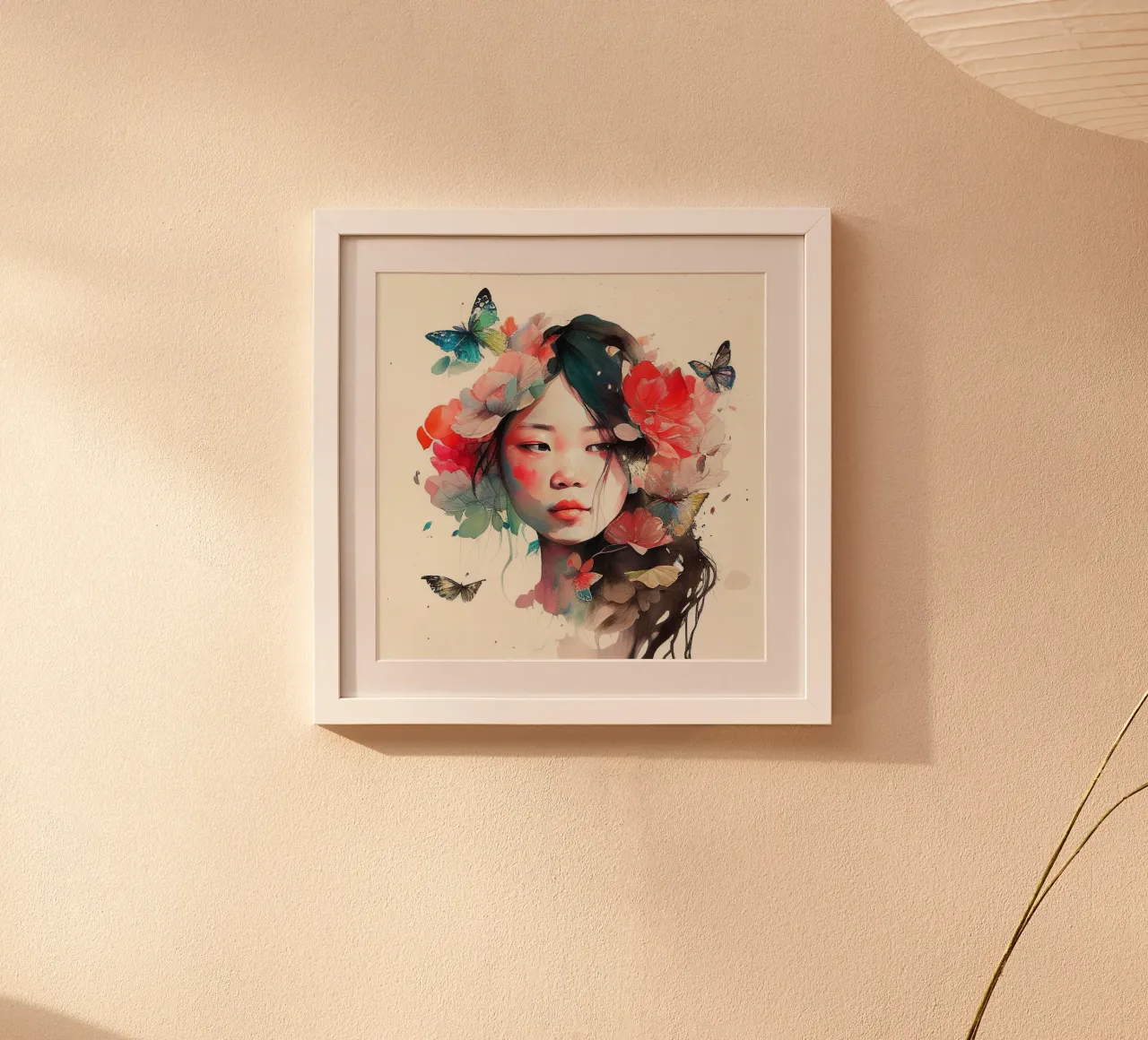 Acquerello floreale Donna asiatica poster con telaio in legno da Chromatic Fusion Studio
