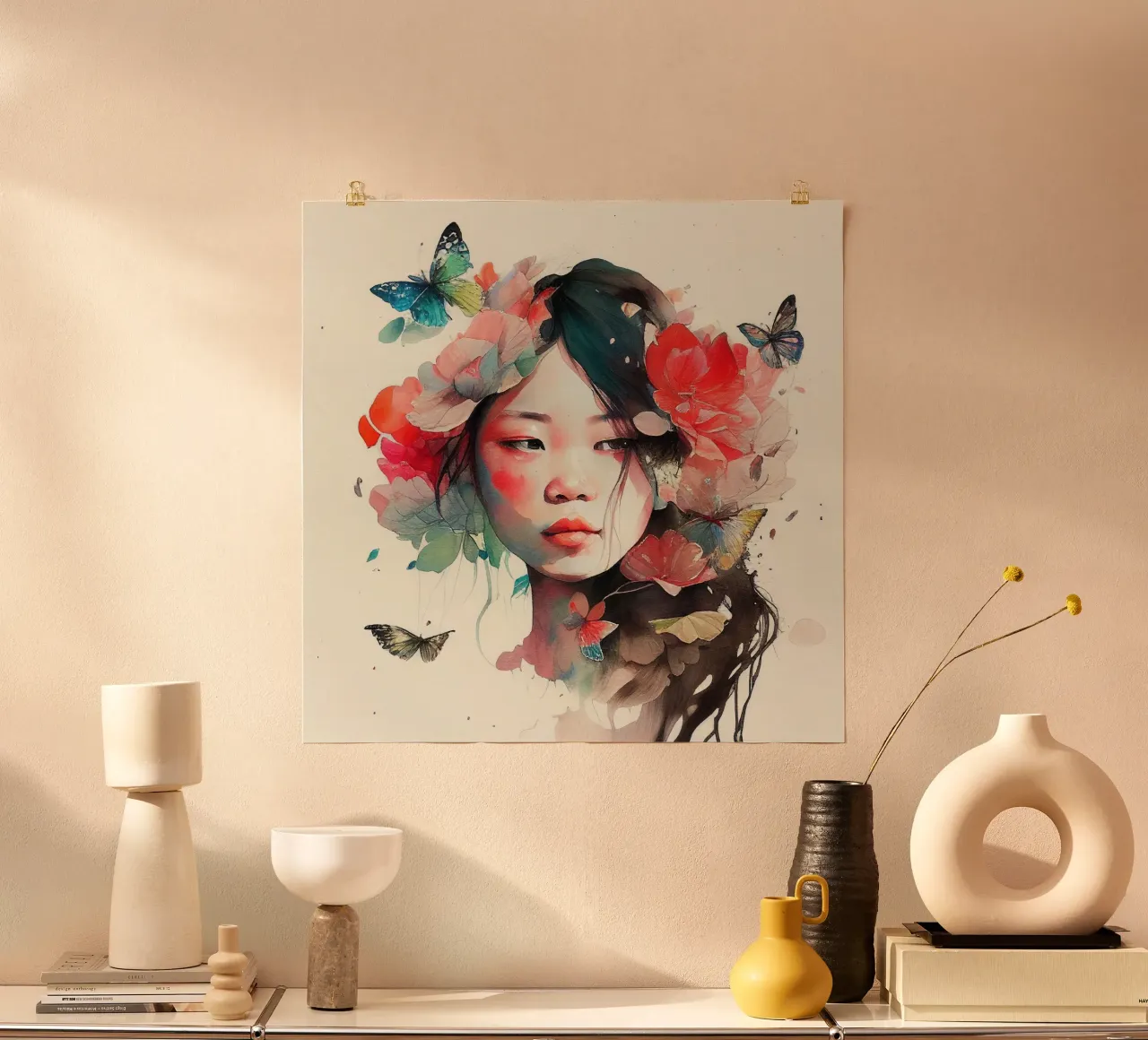 Acquerello floreale Donna asiatica poster con telaio in legno da Chromatic Fusion Studio