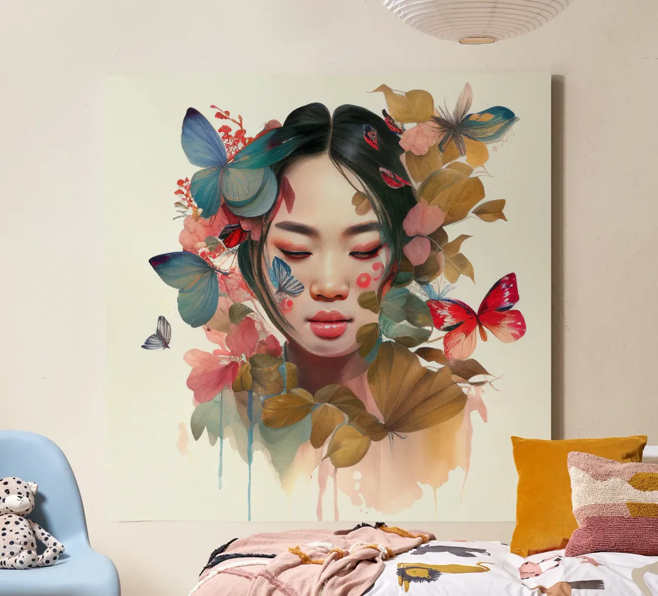 Acquerello floreale Donna asiatica tela con Cornice a cassetta da Chromatic Fusion Studio
