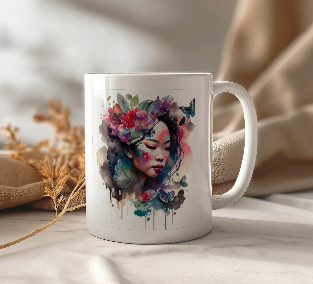 Acquerello floreale Donna asiatica tazza in ceramica da Chromatic Fusion Studio