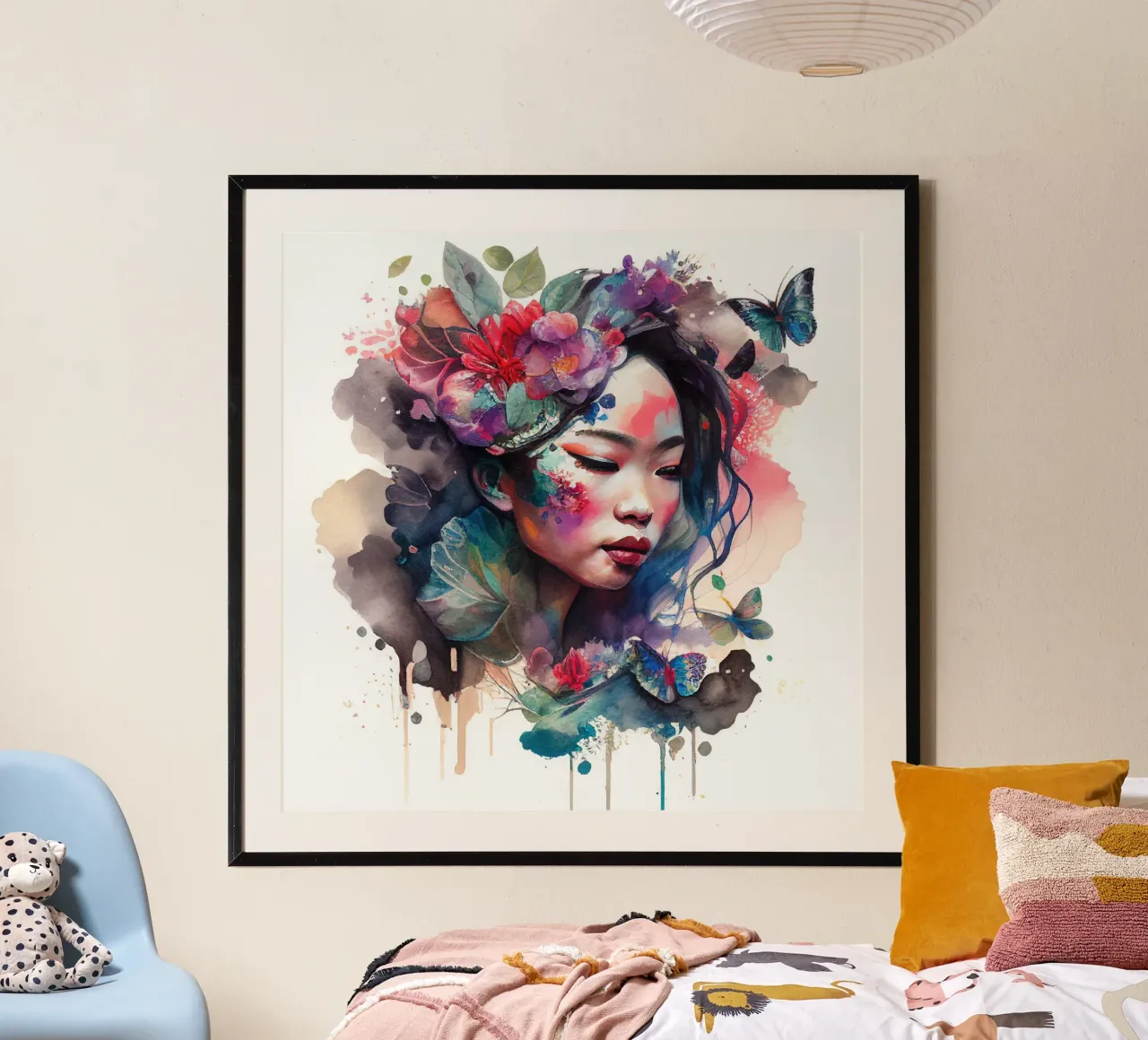 Acquerello floreale Donna asiatica poster con telaio in alluminio da Chromatic Fusion Studio