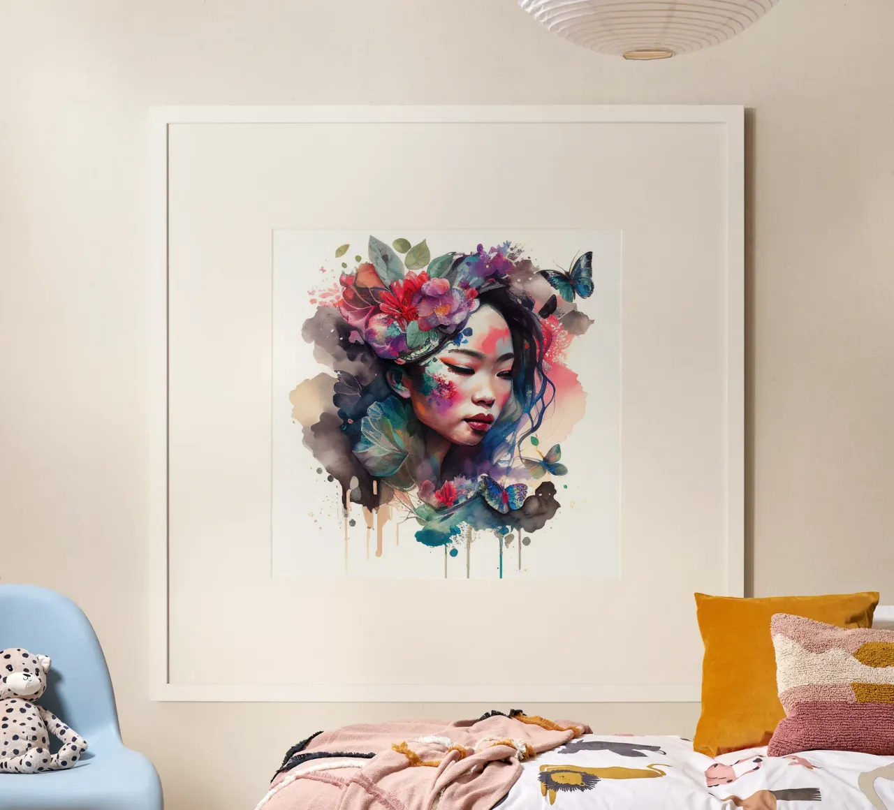 Acquerello floreale Donna asiatica poster con telaio in alluminio da Chromatic Fusion Studio