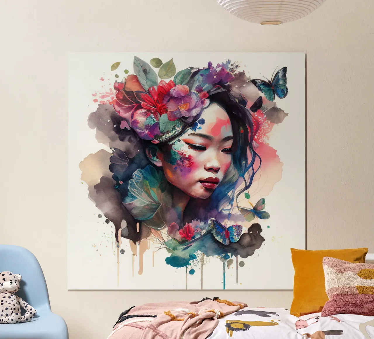 Acquerello floreale Donna asiatica poster con telaio in alluminio da Chromatic Fusion Studio