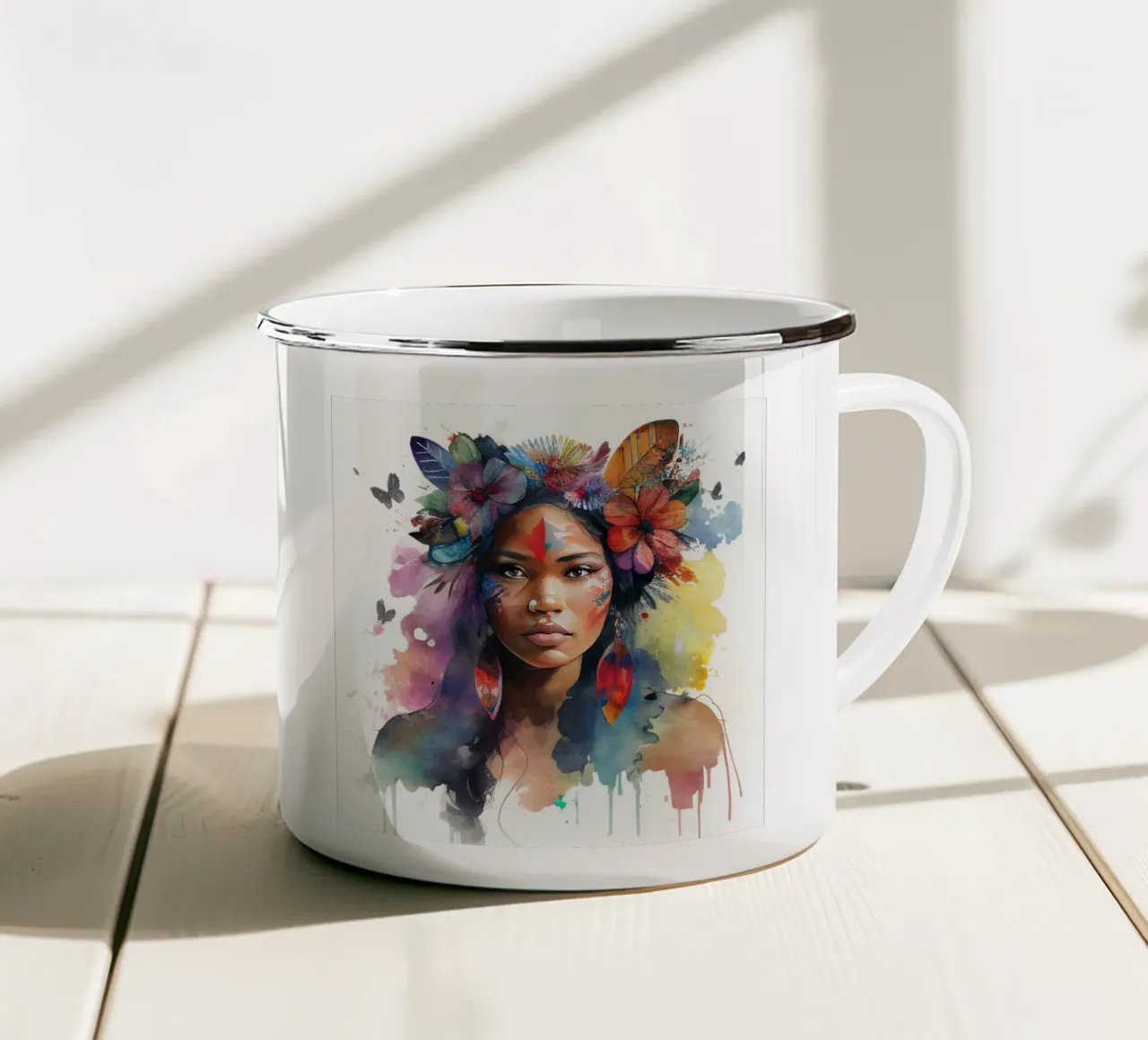Acquerello floreale indiano Donna nativa tazza in smalto da Chromatic Fusion Studio