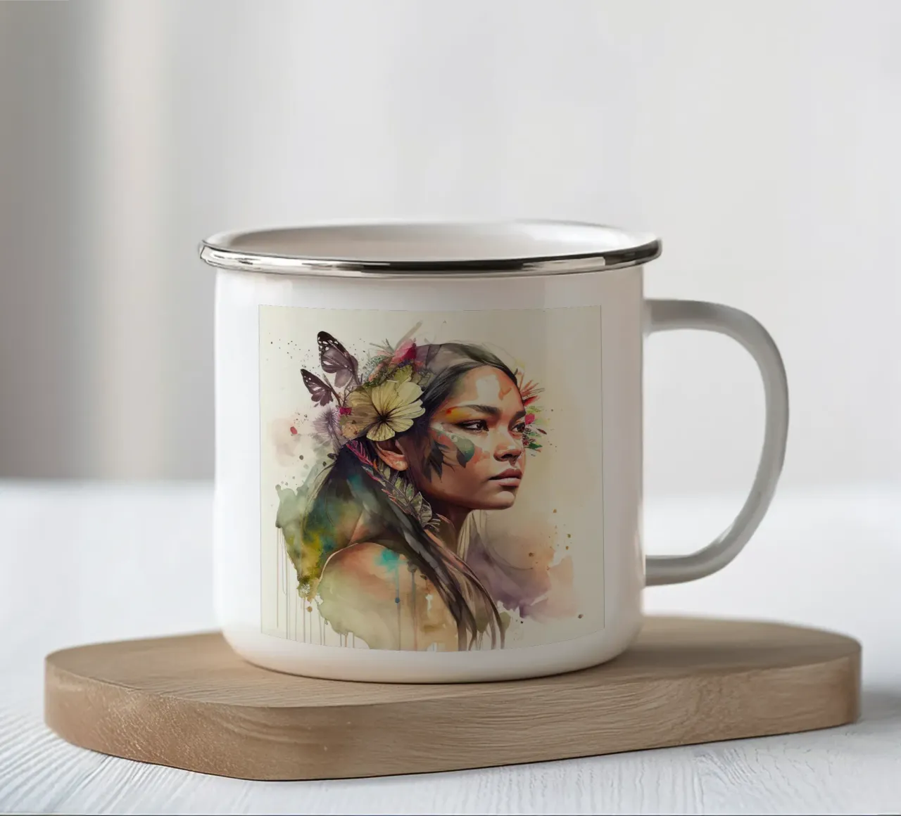 Acquerello floreale indiano Donna nativa tazza in smalto da Chromatic Fusion Studio