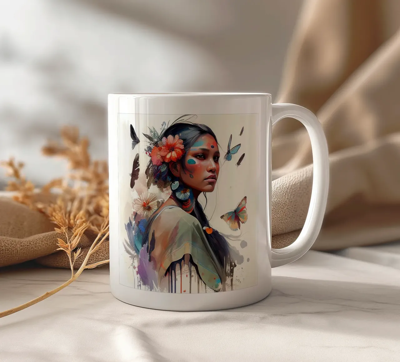 Acquerello floreale indiano Donna nativa tazza in ceramica da Chromatic Fusion Studio