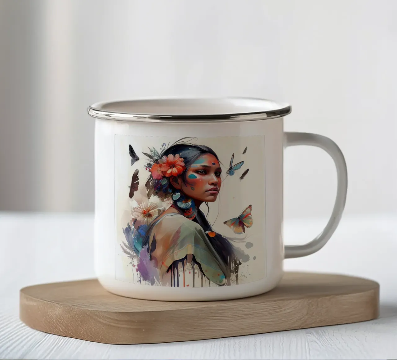 Acquerello floreale indiano Donna nativa tazza in smalto da Chromatic Fusion Studio