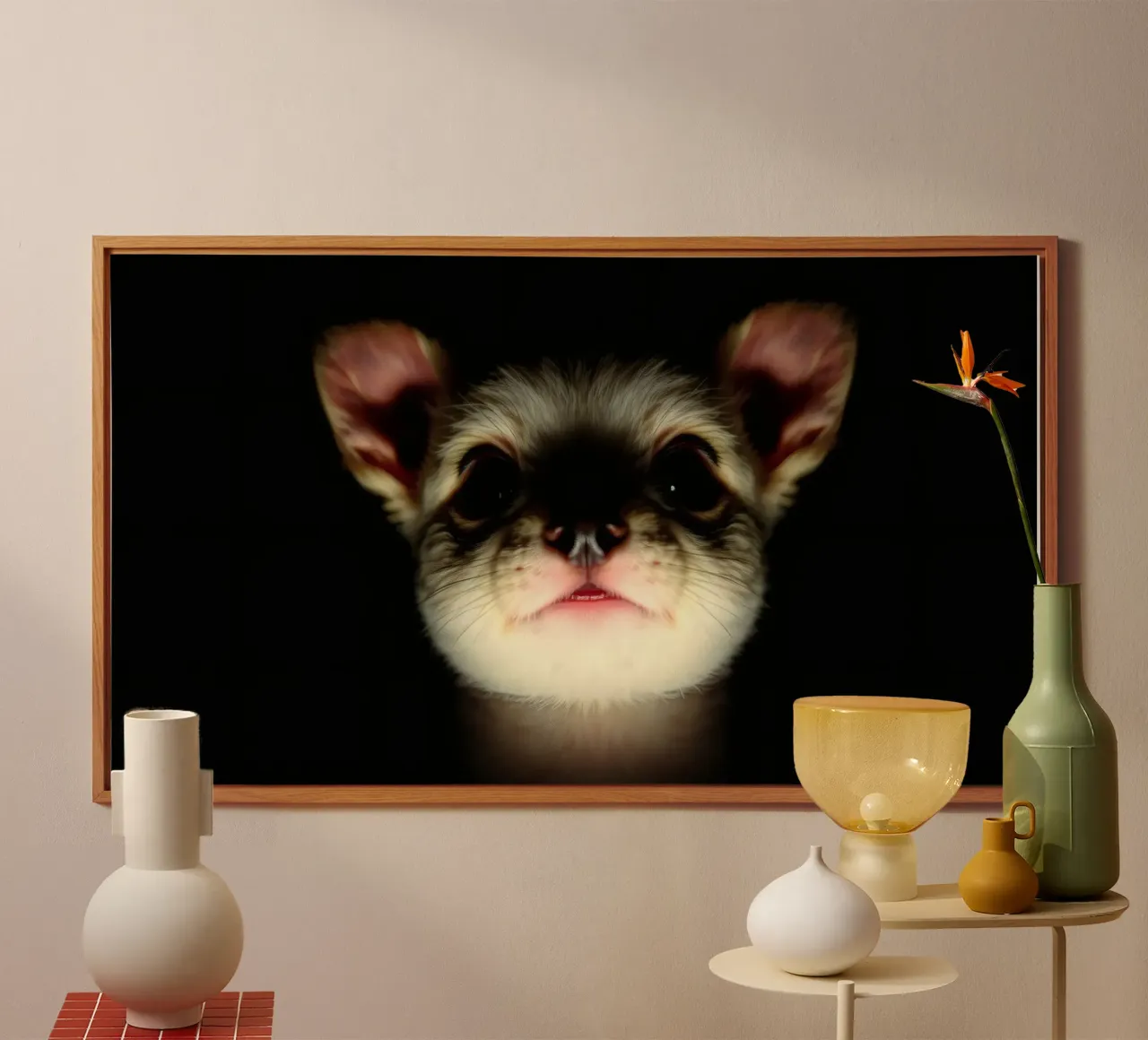 Animale carino, piccolo e spaventoso, con grandi orecchie illuminate alluminio dibond da DesignDoodle