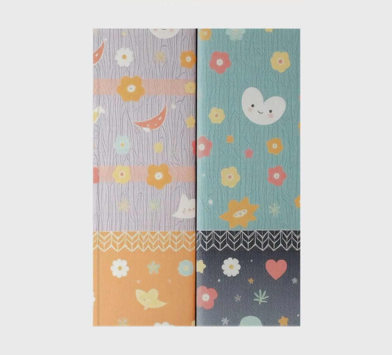 Colorful patterned paper featuring whimsical designs of flow notebook by DesignDoodle
