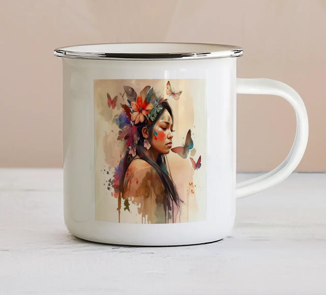Acquerello floreale indiano Donna nativa tazza in smalto da Chromatic Fusion Studio