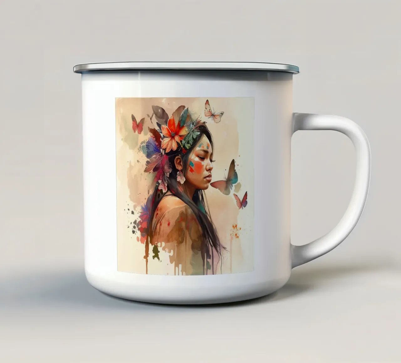 Acquerello floreale indiano Donna nativa tazza in smalto da Chromatic Fusion Studio