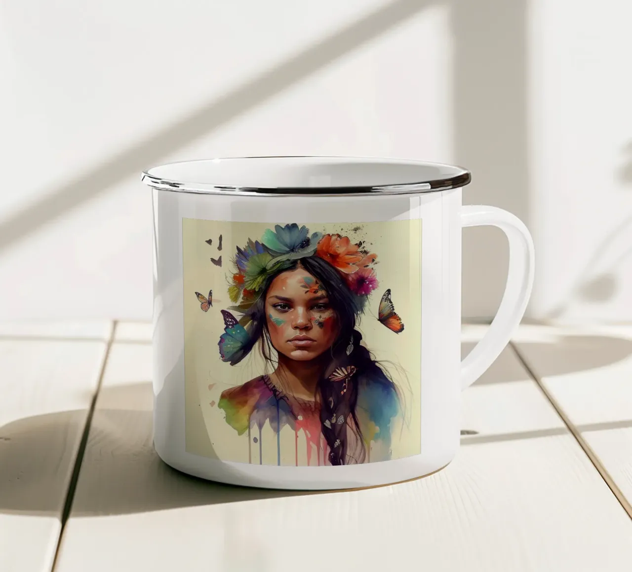 Acquerello floreale indiano Donna nativa tazza in smalto da Chromatic Fusion Studio