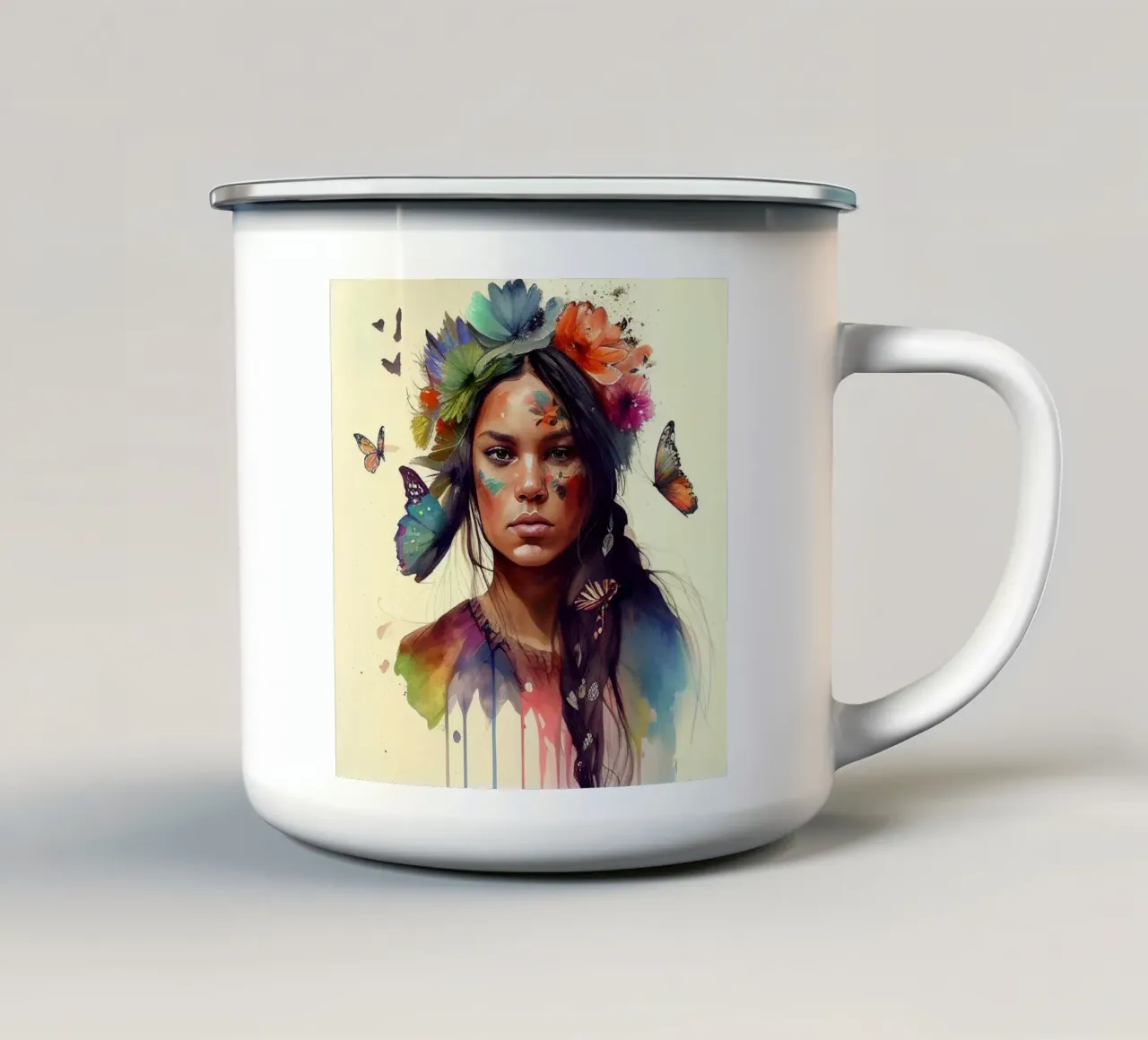 Acquerello floreale indiano Donna nativa tazza in smalto da Chromatic Fusion Studio