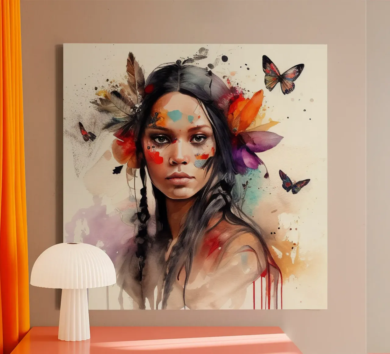 Acquerello floreale indiano Donna nativa tela con Cornice a cassetta da Chromatic Fusion Studio