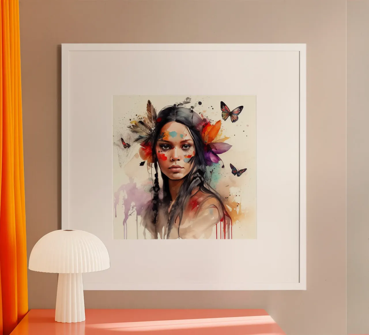 Acquerello floreale indiano Donna nativa poster con telaio in legno da Chromatic Fusion Studio